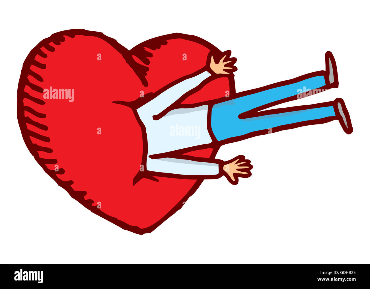 Cartoon-Illustration eines Mannes in der Liebe mit dem Kopf in ein großes Herz Stockfoto