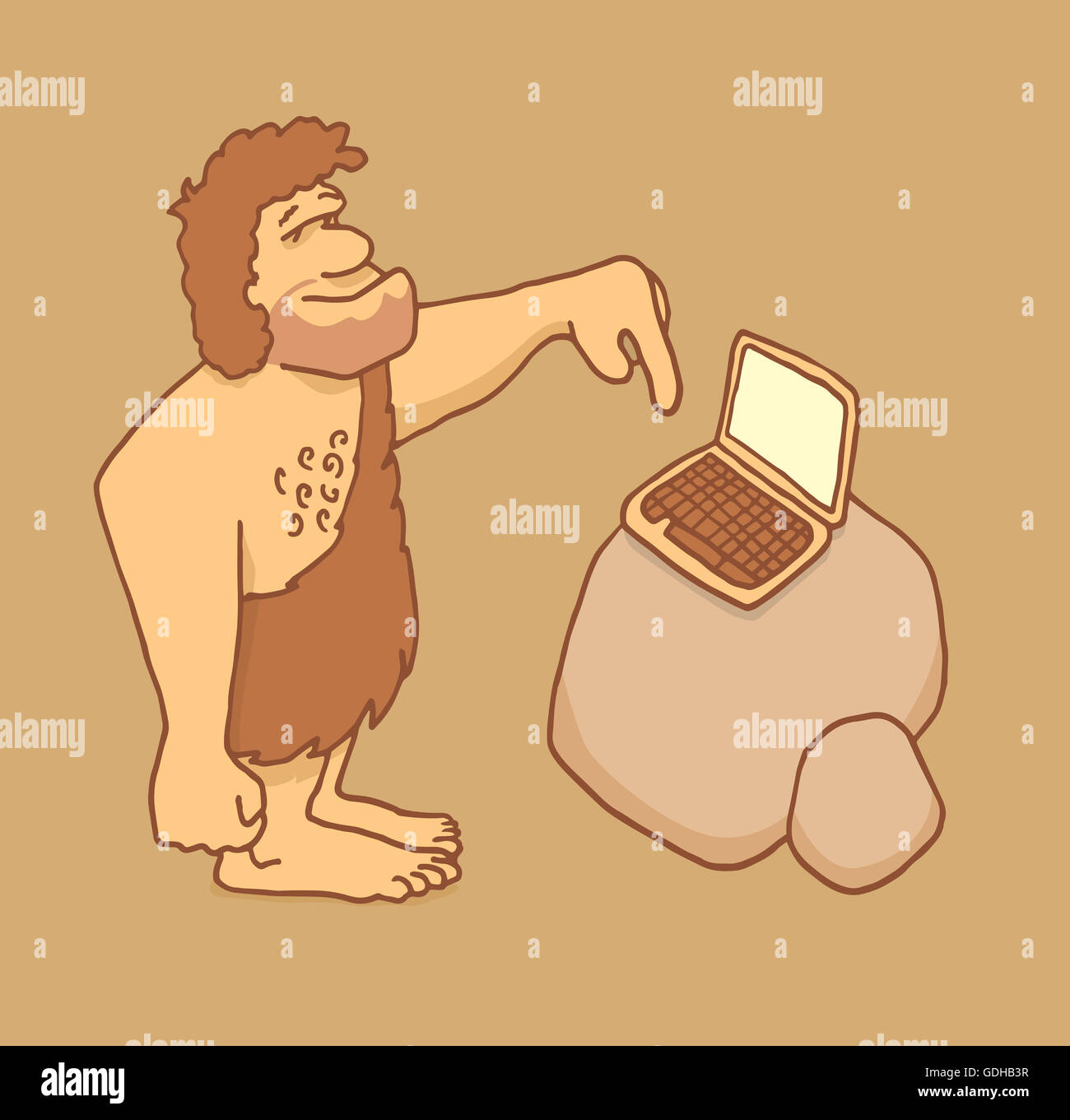 Cartoon Illustration ein Höhlenmensch berühren eine Laptop-Tastatur Stockfoto