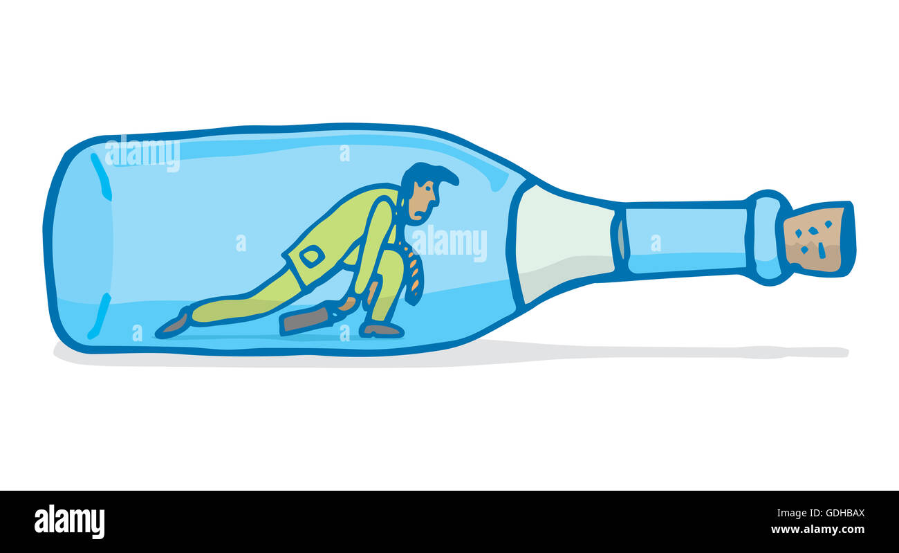 Cartoon-Illustration der gestressten Geschäftsmann innen Weinflasche Stockfoto