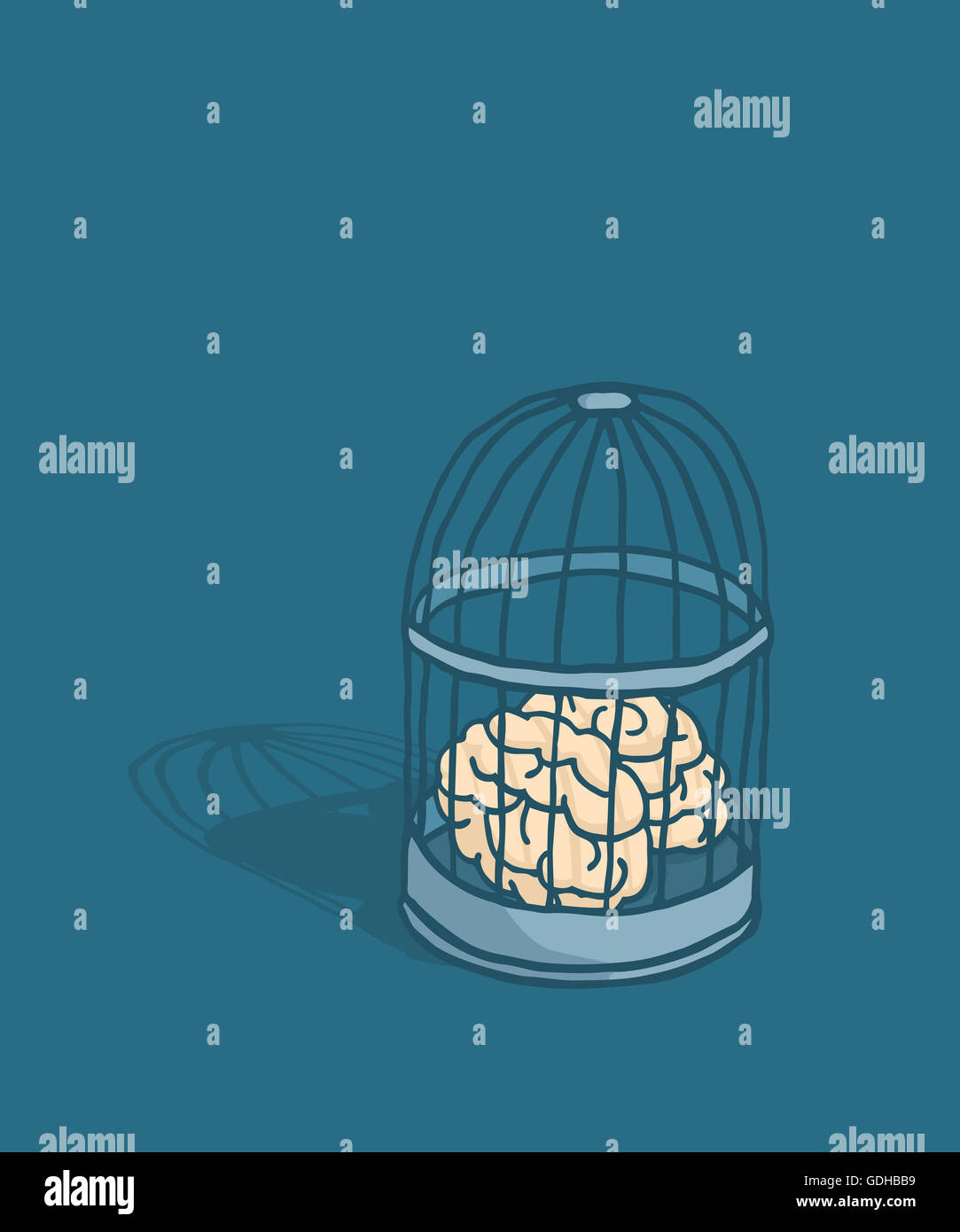 Cartoon-Illustration des gesperrten Gehirn im Vogelkäfig Käfig Stockfoto