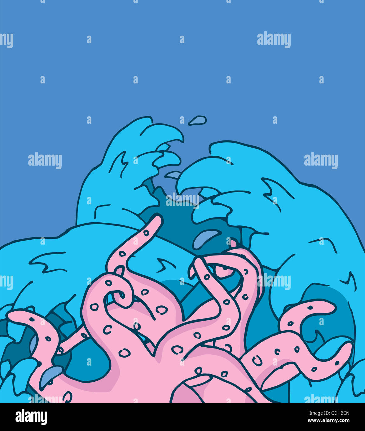 Comic-Illustration des Kraken Tentakeln angreifen Wasser abstoßend Stockfoto