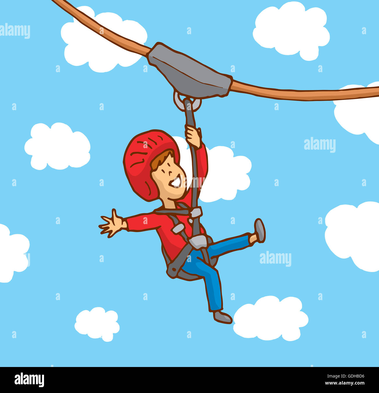 Cartoon-Illustration der glückliches Kind genießen eine zipline Stockfoto