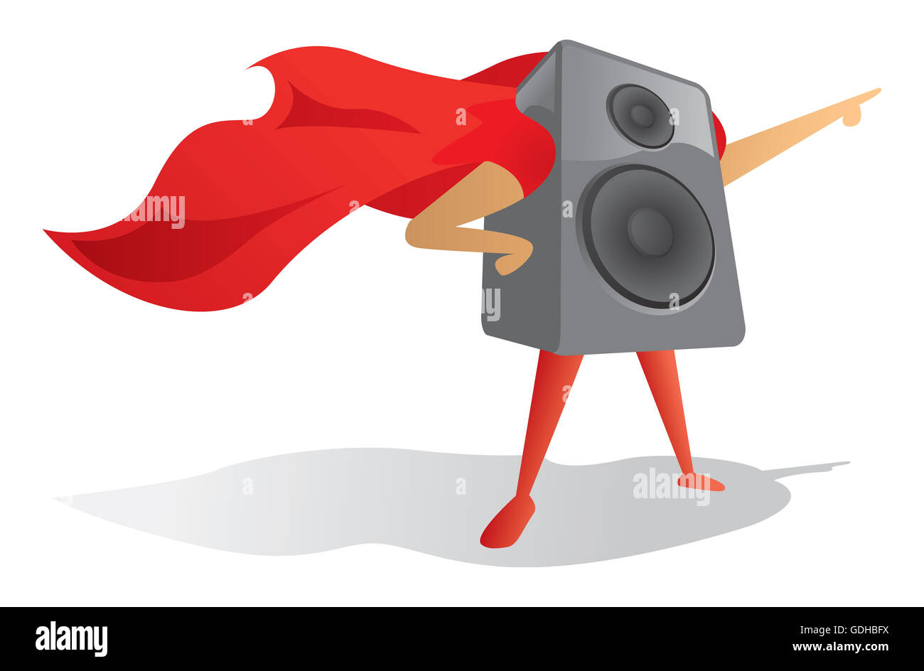 Cartoon-Illustration des Superhelden-sound-Lautsprecher mit Umhang Stockfoto