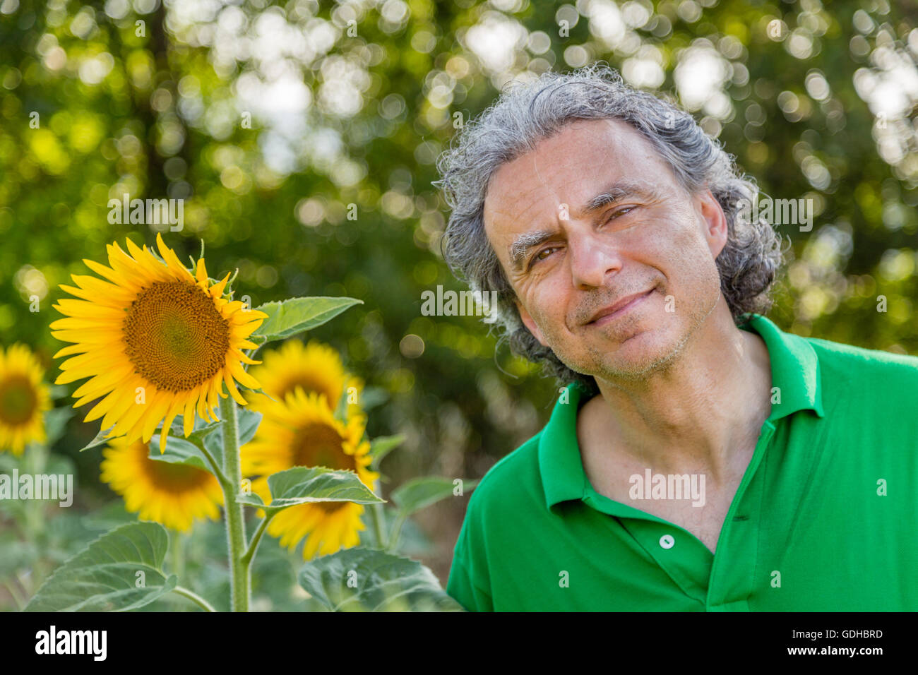 reifer Mann lächelt winken neben der Sonnenblumen in der Landschaft, Natur und die Natur machen ihm das Gefühl, glücklich und unbeschwert Stockfoto