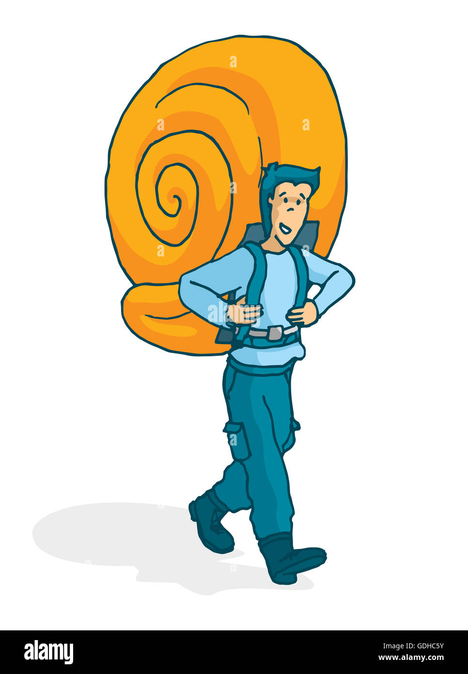 Cartoon-Illustration der abenteuerlustigen Mann trägt ein Schneckenhaus als Rucksack Stockfoto