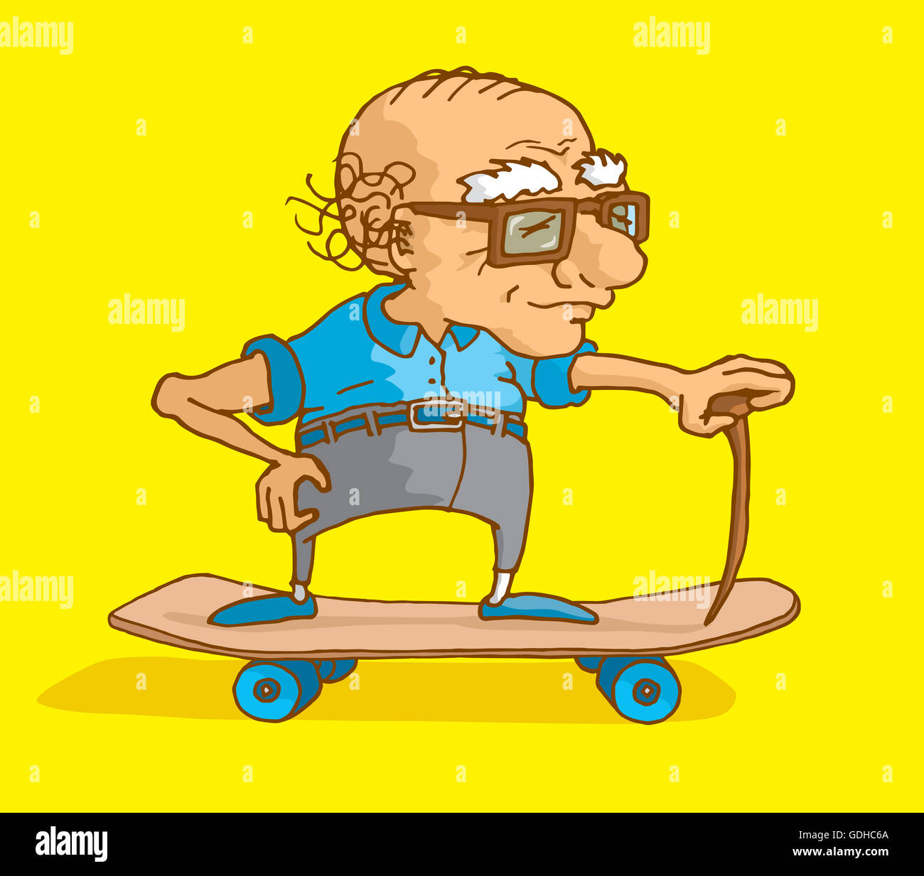 Cartoon-Illustration der kahl Senioren Skaten mit Rohrstock Stockfoto