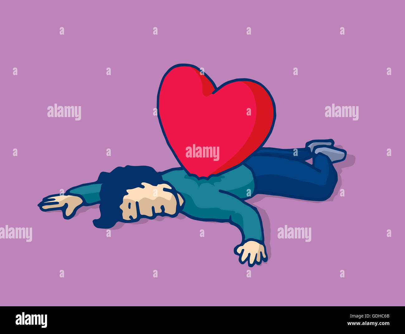 Cartoon-Illustration-Mann auf den Boden Herz erstochen auf dem Rücken liegend Stockfoto