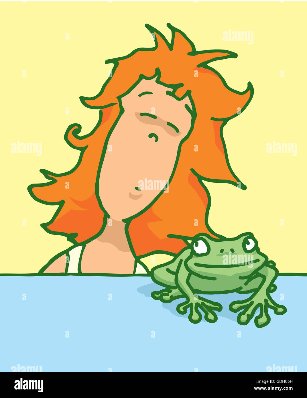 Cartoon Illustration der Frau küssen einen Frosch Prinz wünschen Stockfoto