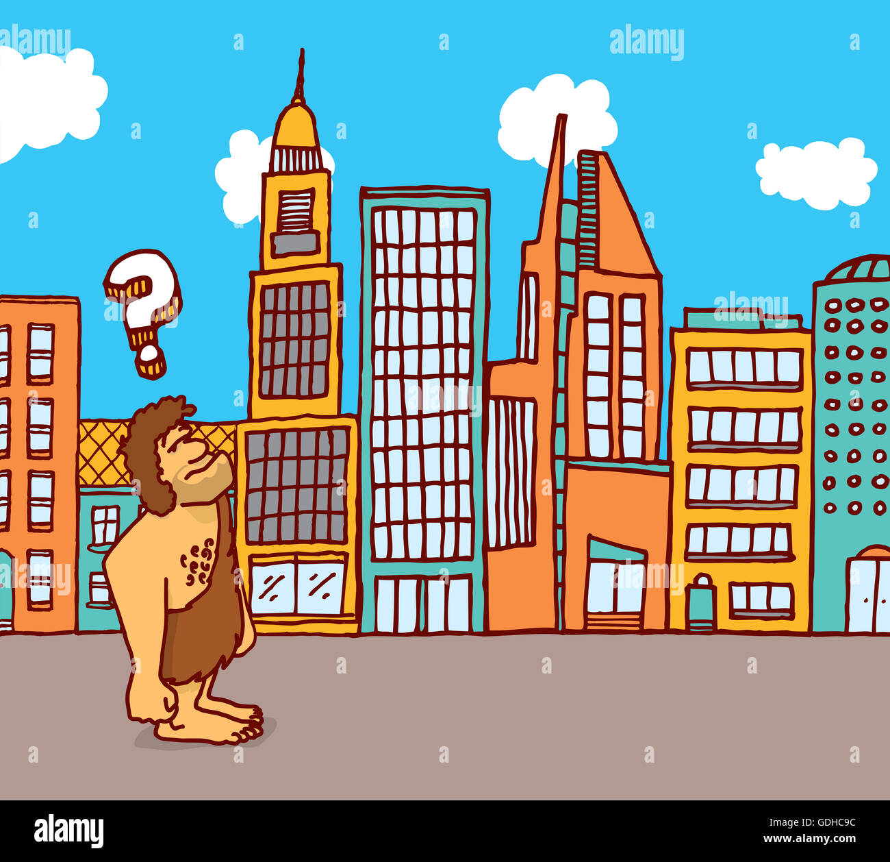 Cartoon-Illustration von Caveman Gefühl verloren in der Stadt Stockfoto