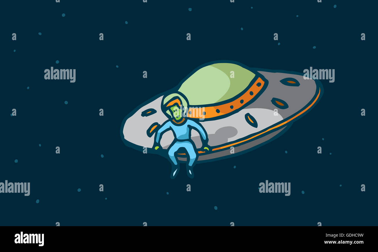 Cartoon Illustration einer nachdenklichen fremd sitzt in seinem Raumschiff nach unten Stockfoto