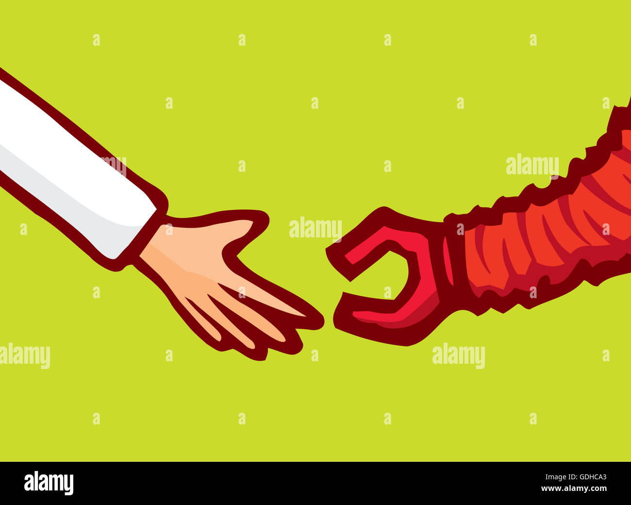 Cartoon-Illustration der menschlichen Hand in der Nähe von Roboter-Arm-Technologie Stockfoto