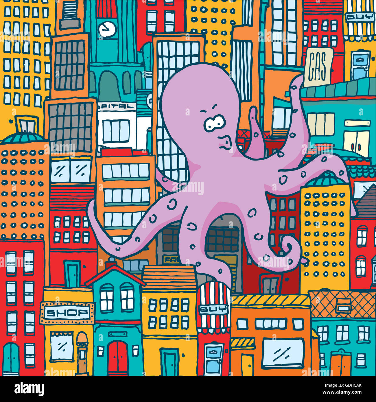 Cartoon Illustration des riesigen Monster Kraken bunte Stadt angreifen Stockfoto