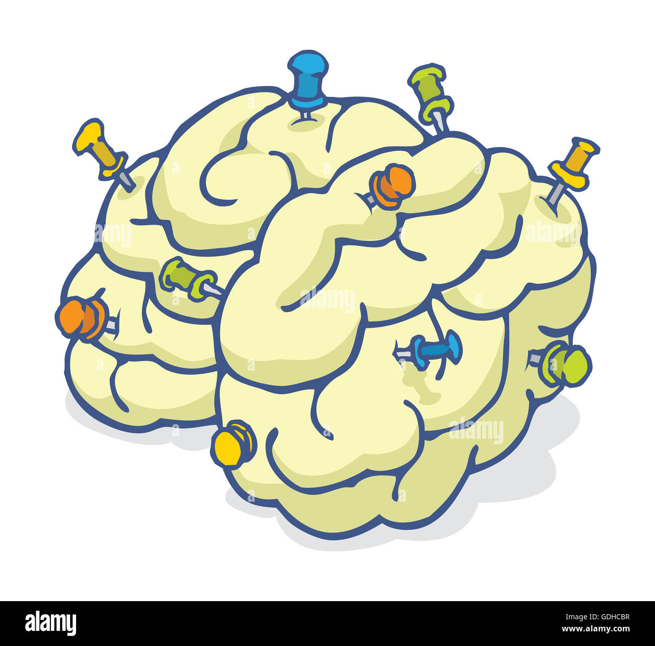 Cartoon Illustration von bunten Erinnerung Pins in Gehirn genagelt Stockfoto