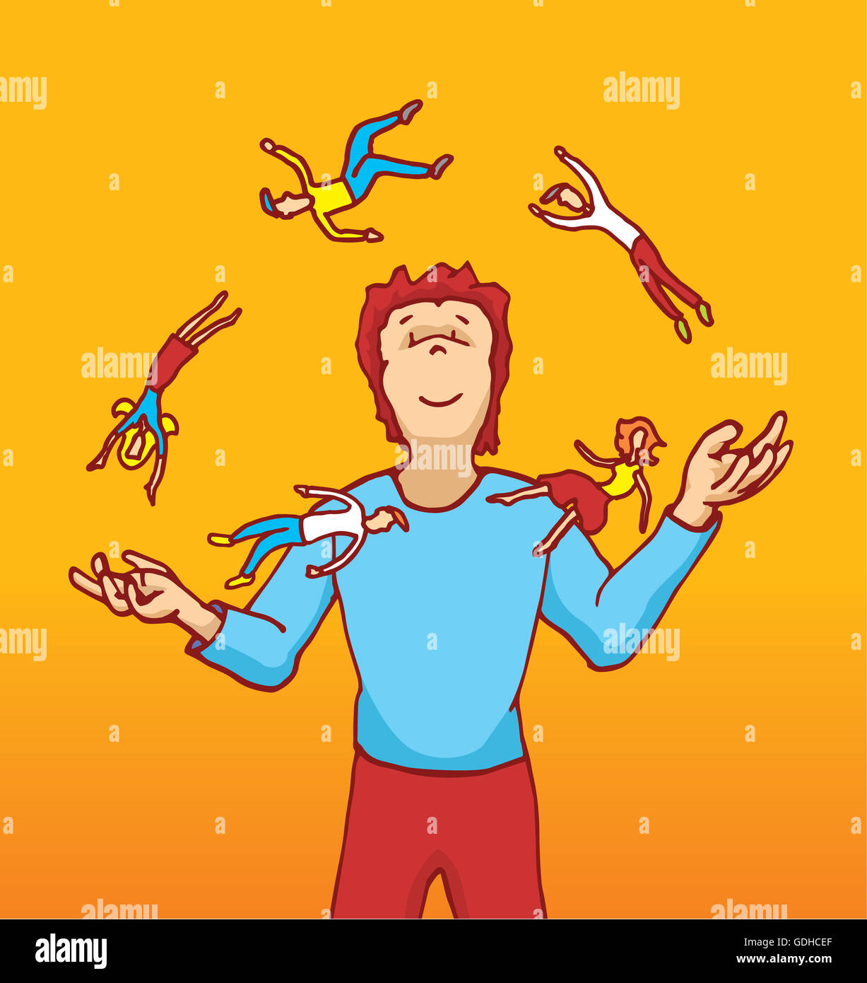 Cartoon-Illustration der Mann eine Gruppe winziger Menschen Jonglieren Stockfoto