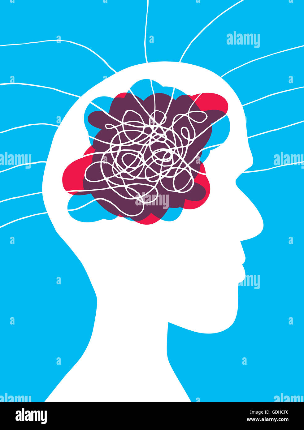 Cartoon Illustration ein Durcheinander Gehirn mit Gedanken in seinem Kopf gebunden Stockfoto