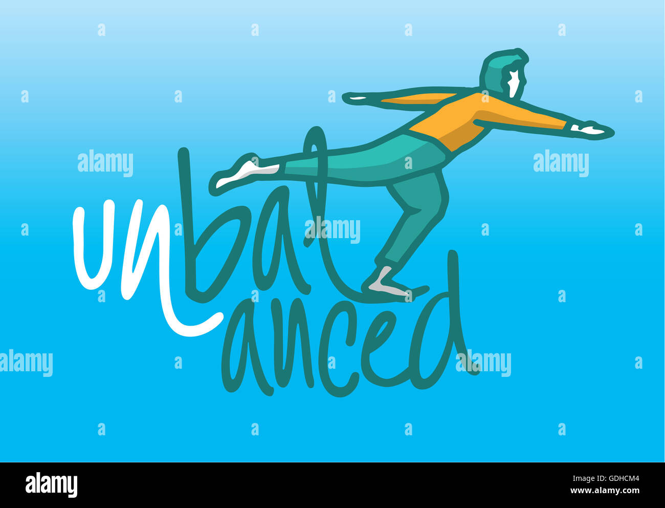 Cartoon Illustration eines unausgeglichenen Mannes balancieren auf Wort Stockfoto