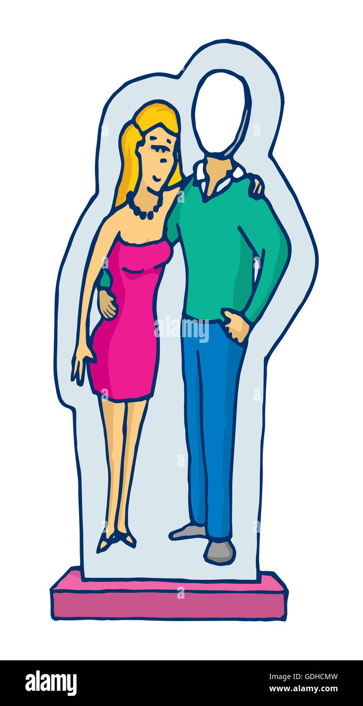 Comic-Illustration von Karton Stand up Paar mit abwesenden Mann Stockfoto