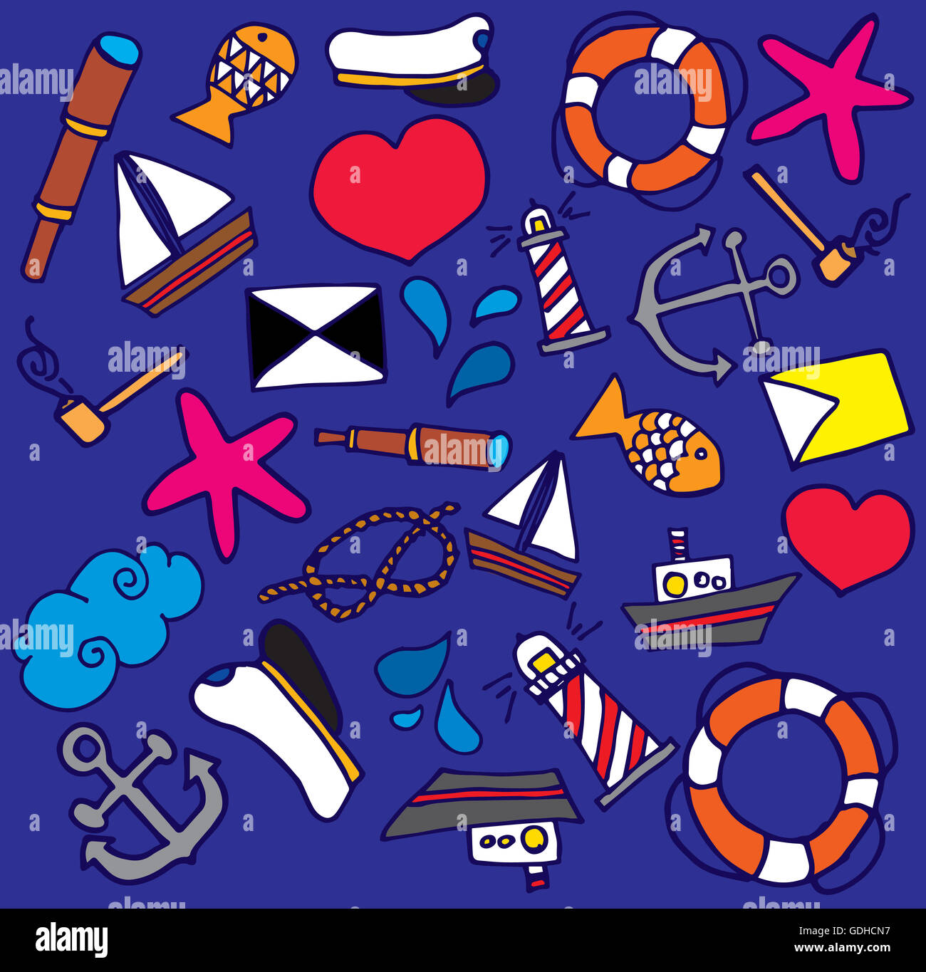 Comic-Illustration von mehreren Marine Icons einschließlich Leuchtturm, Schiff, Anker, Seil und Fisch Stockfoto