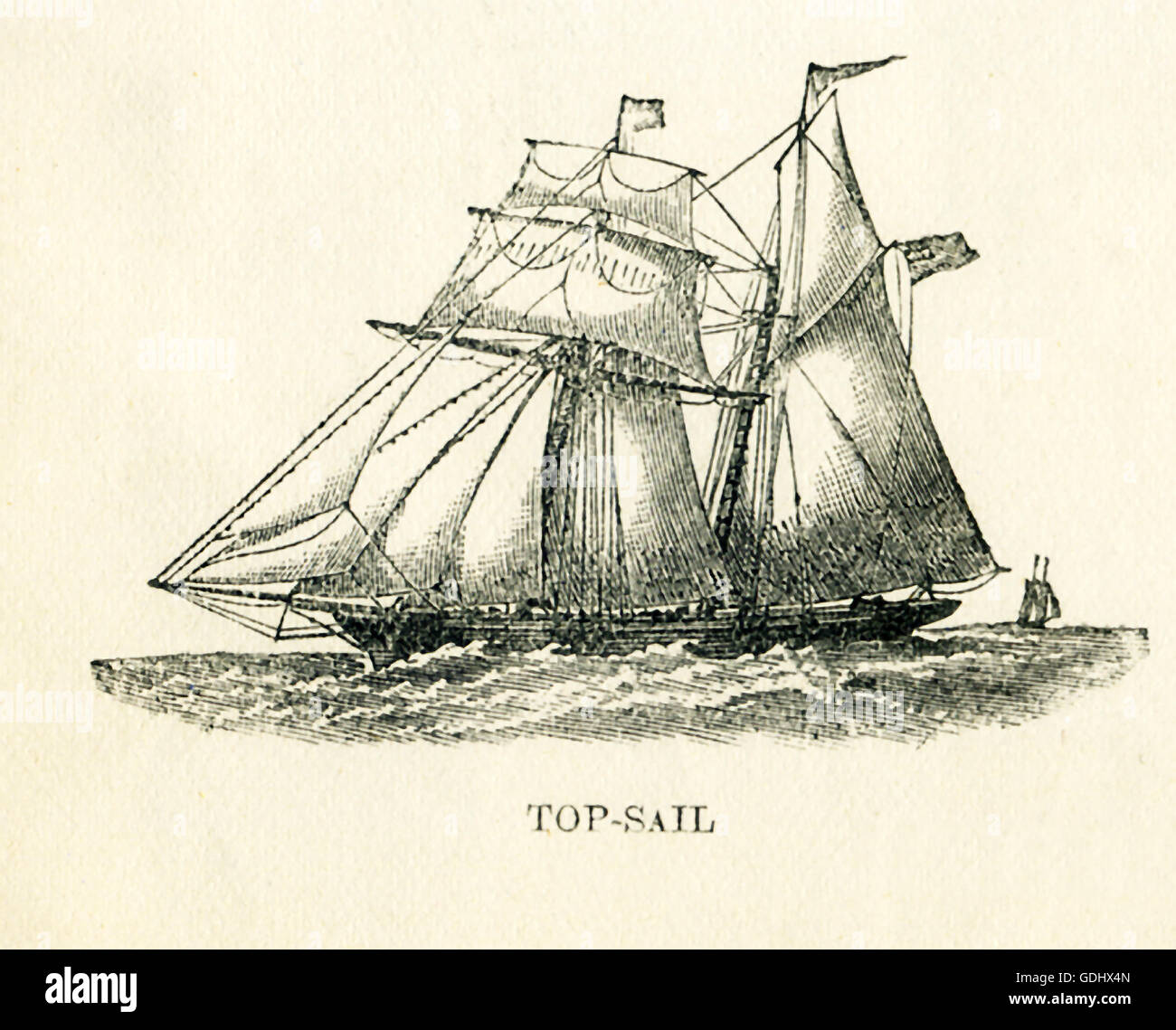 Das Schiff in dieser Zeichnung aus dem 19. Jahrhundert abgebildet ist ein Schoner, speziell ein Top-Segel. Stockfoto