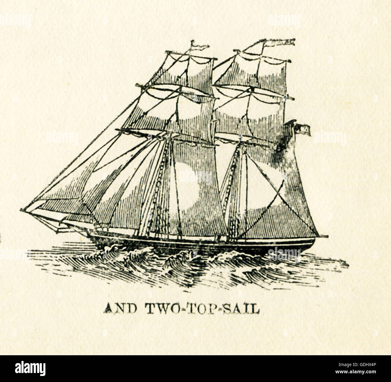 Das Schiff in dieser Zeichnung aus dem 19. Jahrhundert abgebildet ist ein Schoner, speziell ein zwei-Spitze-Segel. Stockfoto