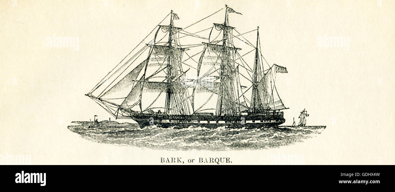 Das Schiff in dieser Zeichnung aus dem 19. Jahrhundert abgebildet ist eine Rinde (auch buchstabiert Bark). Stockfoto