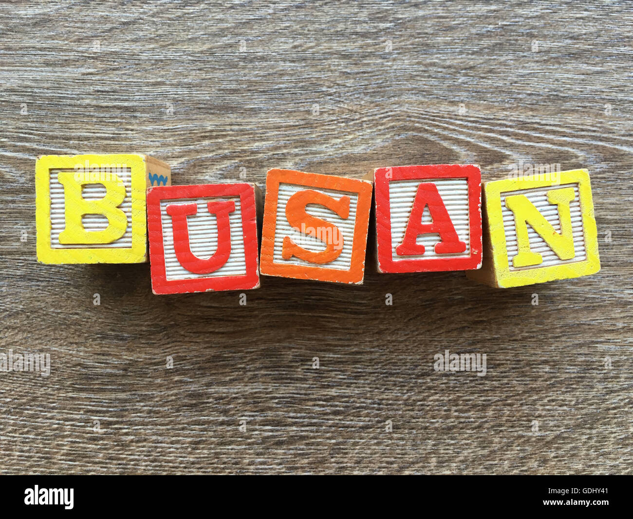 BUSAN-Stadt mit Holz-Block schreiben Spielzeug geschrieben Stockfoto