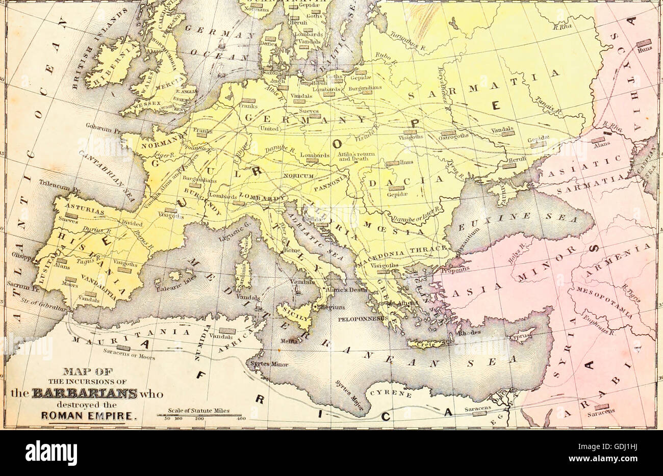 Karte von den Einfällen der Barbaren, die das römische Reich zerstört Stockfoto