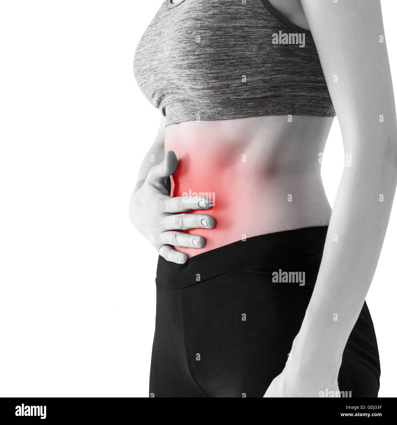 Frau mit Schmerzen im Unterleib. Schmerzen in den menschlichen Körper isoliert auf weiss Stockfoto