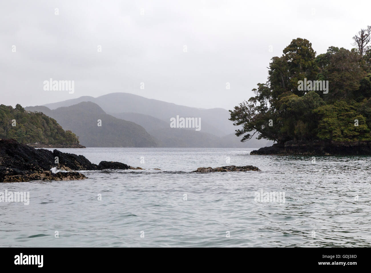 Dusky Sound in bedecktem, Neuseeland Stockfoto