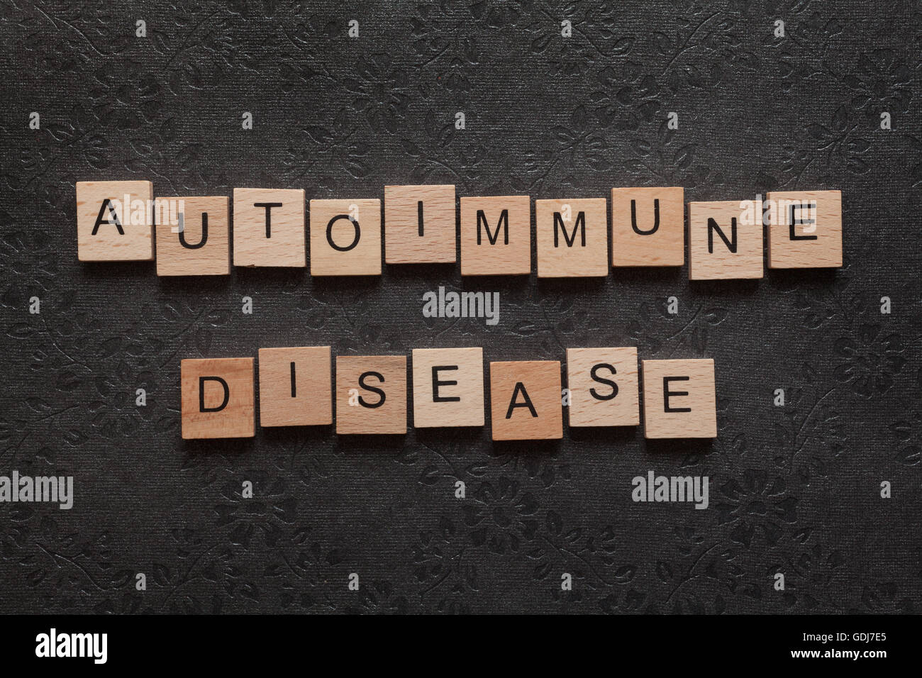 Die Wort Autoimmunerkrankung gebildet mit Holzbuchstaben auf dunklem Hintergrund Stockfoto