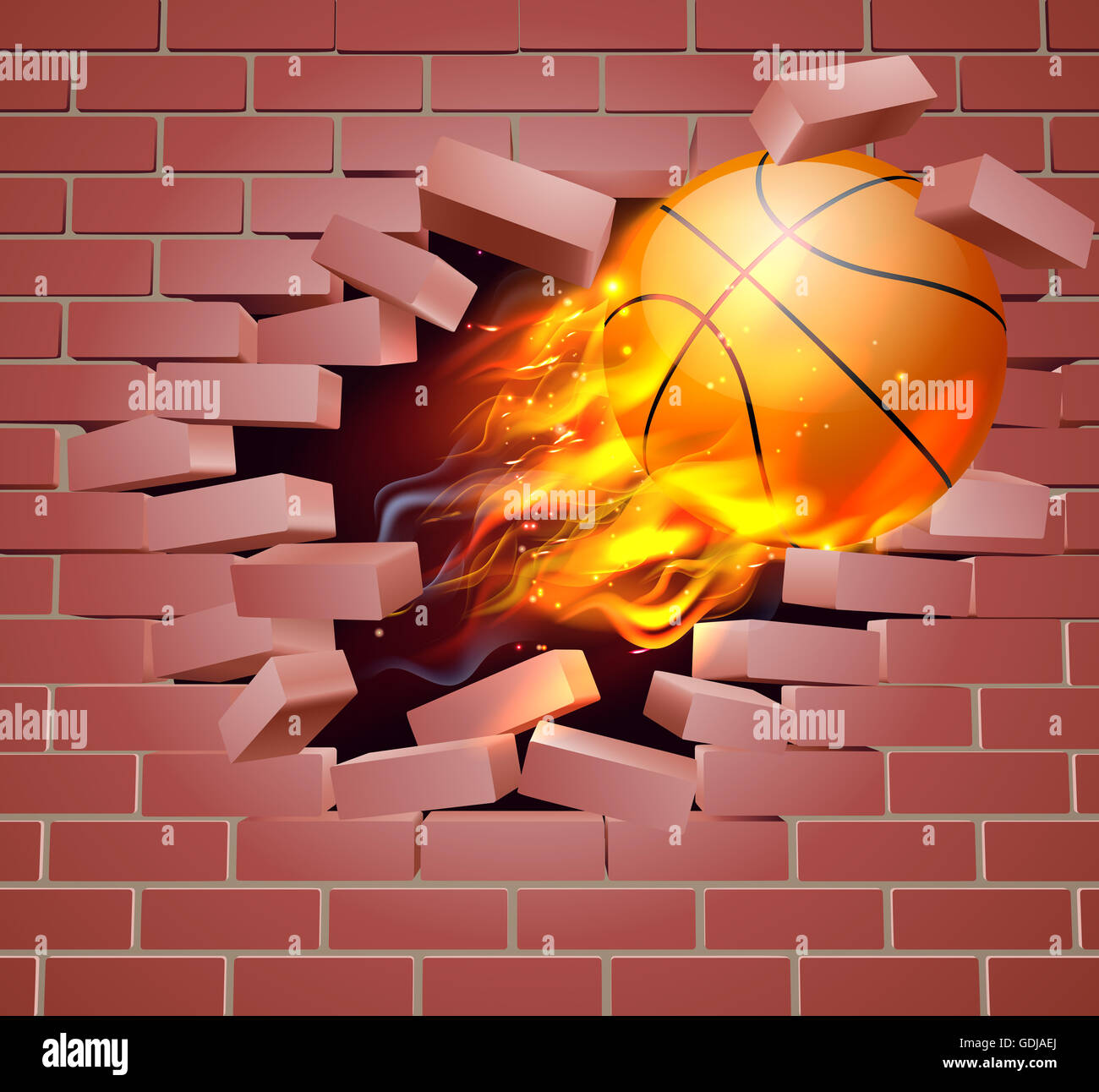 Ein Beispiel für einen brennenden flammenden Basketball Ball auf Feuer reißen ein Loch durch die Wand Stockfoto