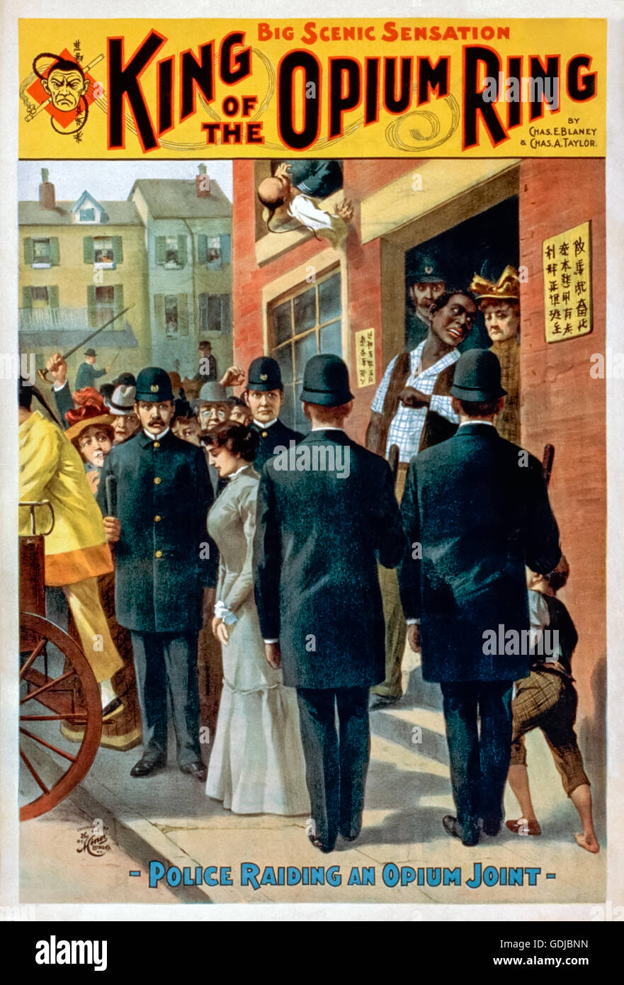 "Der King of the Ring Opium" Playbill zeigt die spannenden Höhepunkt wie Polizei eine Opiumhöhle in Chinatown, San Francisco überfallen. Inmitten von 1890, eröffnet das Stück von Chas A Taylor produziert von Chas E Blaney am 27. Februar 1899 im Teatro Bijou, Jersey City, New Jersey. Siehe Beschreibung für mehr Informationen. Stockfoto