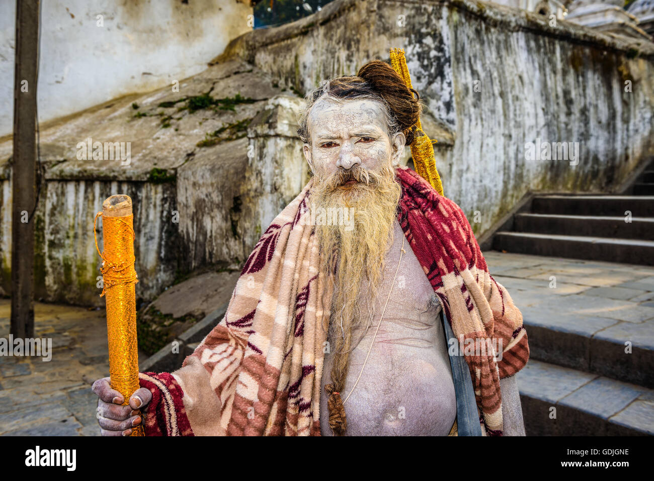 Porträt von wandernden Shaiva Sadhu (Heiliger) mit weißen Kinderschminken in alten Pashupatinath Tempel in Kathmandu, Nepal Stockfoto