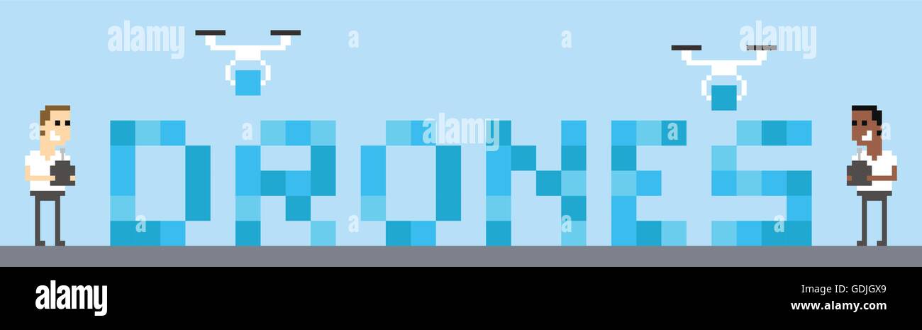 Pixel-Grafik Drohne Gebäude Grafik des Wortes Drohnen Stock Vektor