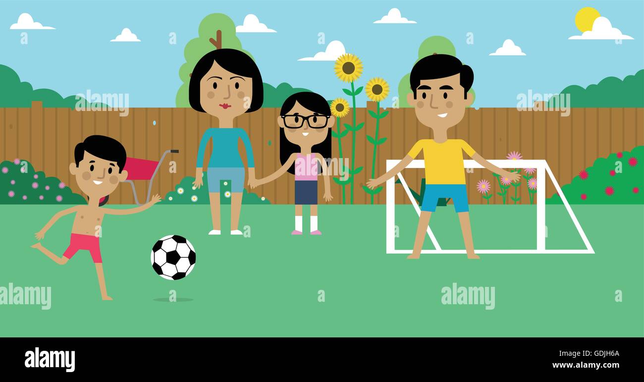 Illustration der Familie Fußballspielen im Garten zusammen Stock