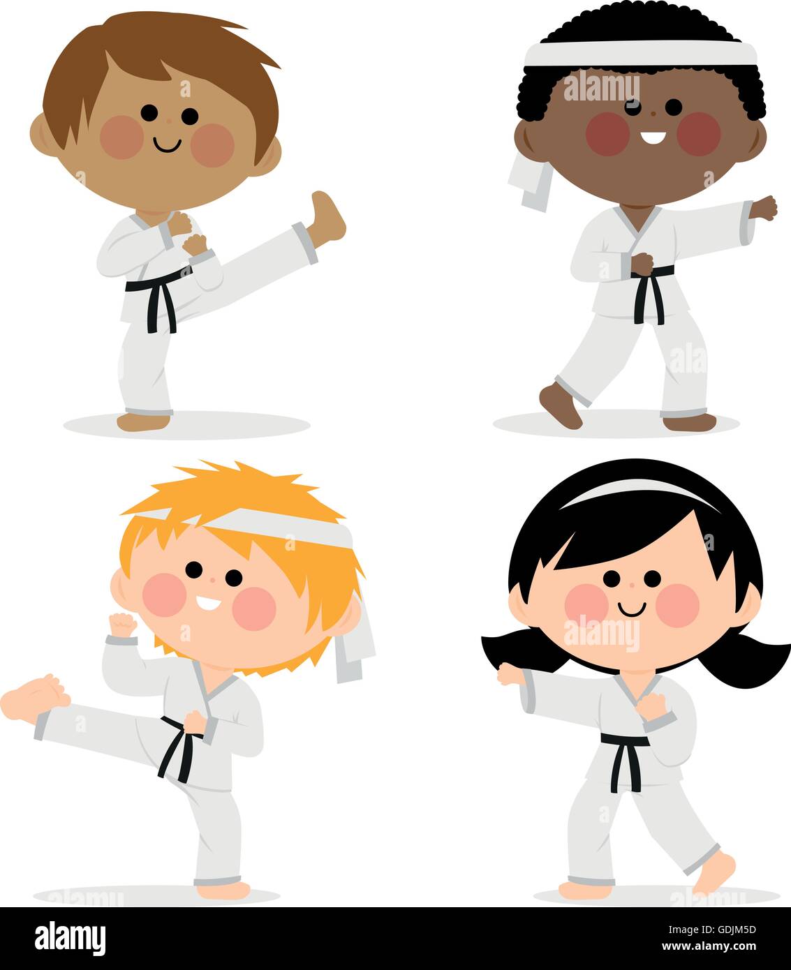 Gruppe von Kindern in Martial Arts Uniformen: Karate, Taekwondo, Judo, Jiu-Jitsu, Kickboxen und Kung Fu Stock Vektor