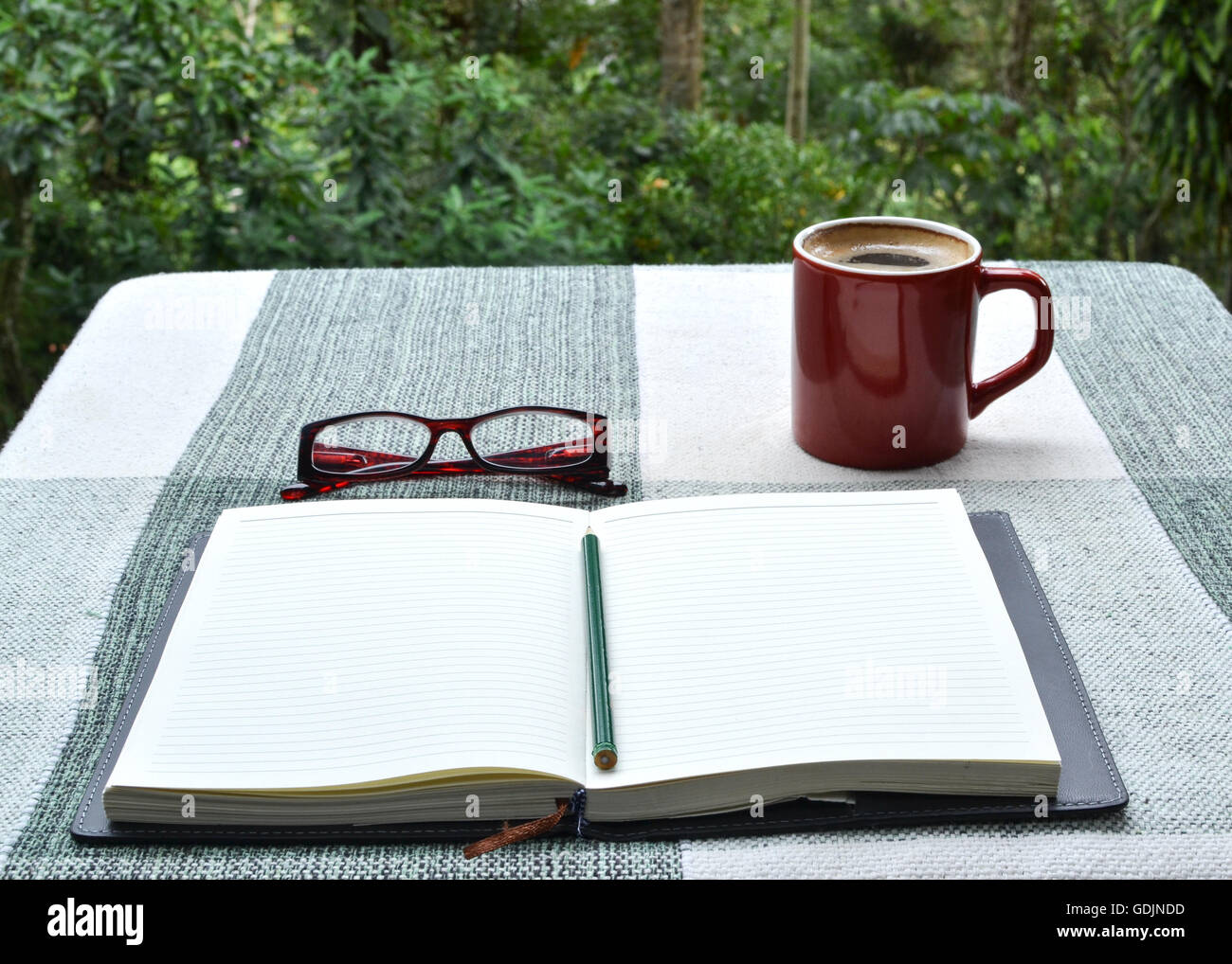 Journal, Bleistift, Leser und Tasse Kaffee am Tisch, in einer tropischen Umgebung Stockfoto