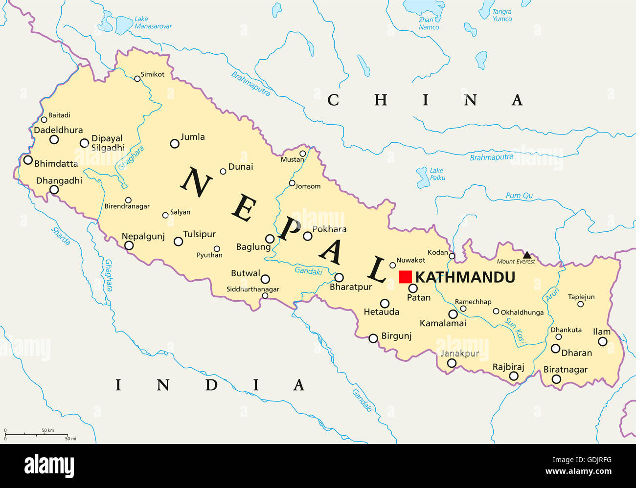 Nepal politische Karte mit Hauptstadt Kathmandu, Ländergrenzen, Städte und Flüsse. Demokratische Bundesrepublik. Stockfoto