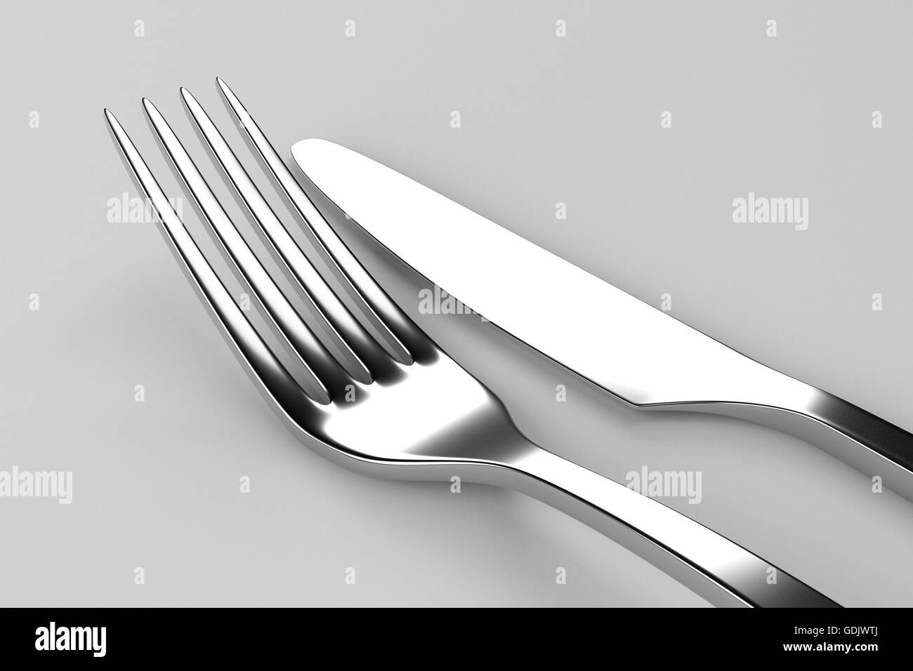 Gabel und Messer auf grau. Foto realistische 3D Illustration. Besteck, Küche Besteck. Für den Einsatz im Menü Restaurant Ausdrucke, wir Stockfoto