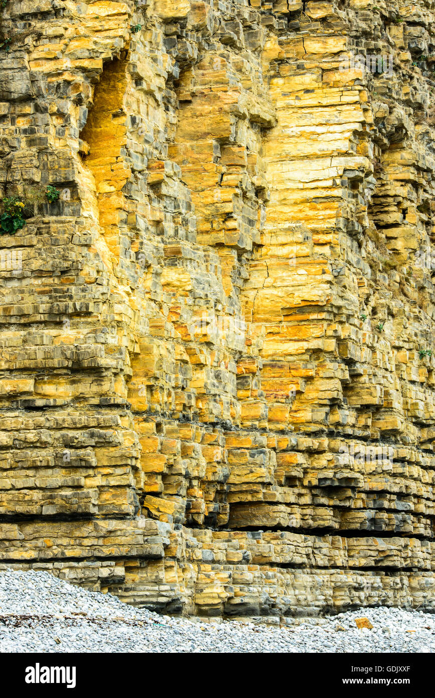 Lias Kalksteinklippen und Steinschlag Beweise am Colhugh Strand, Llantwit Major, auf Glamorgan Heritage Coast, South Wales, Australia Stockfoto