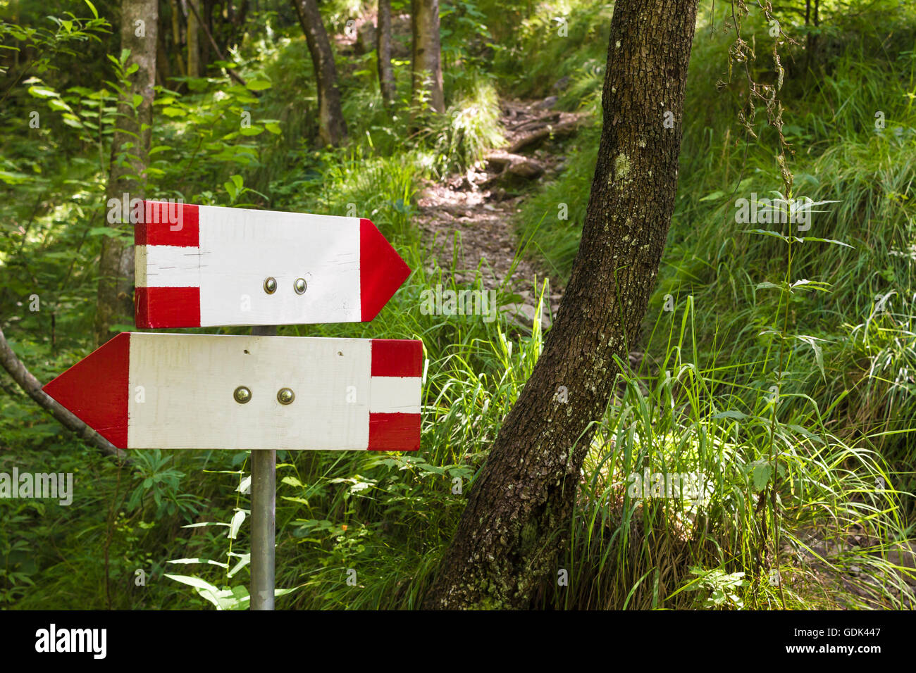 Nahaufnahme von einer isolierten Schild einen trekking Weg. Richtungsanzeige. Pfeil Stockfoto