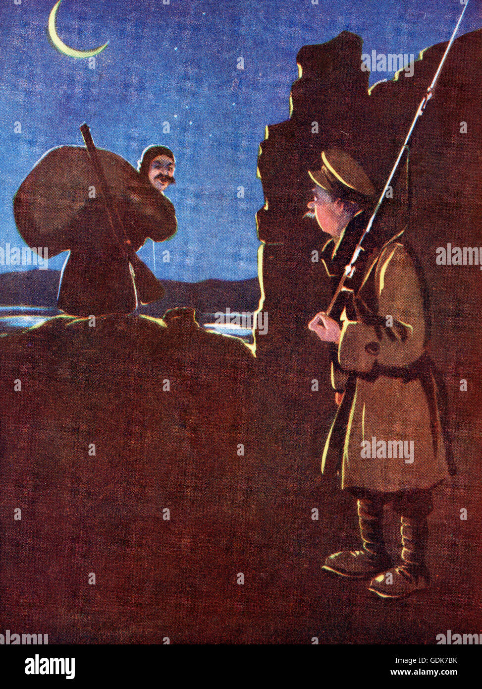 Ohne Zweifel unabhängig. Sentry; "Alt! Wer ist da? " Er des Bündels; "Du halt Yer... Mund oder ich werde... kommen und klopfen Yer... den Kopf ab!"  Sentry; "Pass, Freund!" Nach der Kriegszeit Cartoon von Bruce Bairnsfather Stockfoto
