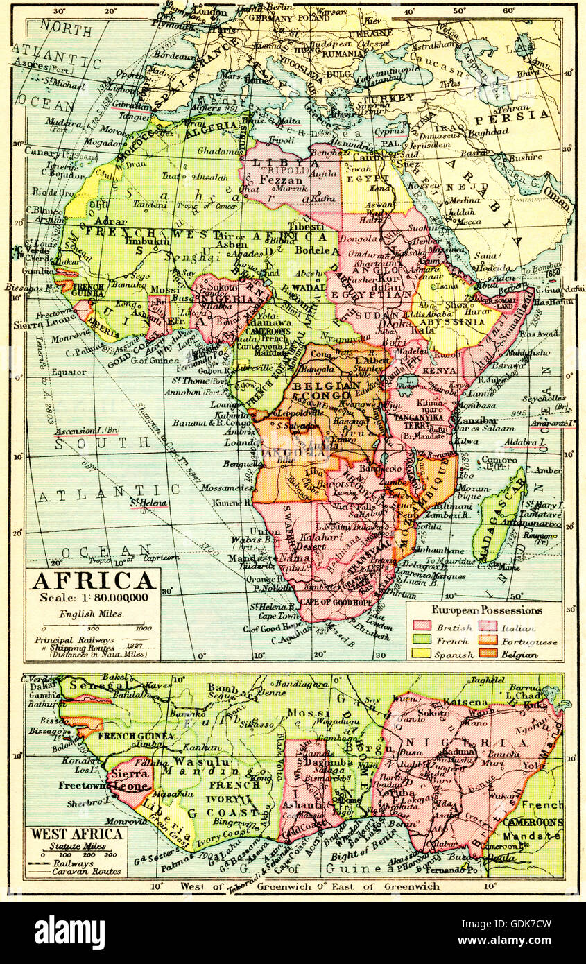 Eine 30er-Karte von Afrika, Top, mit Details aus Westafrika, unten. Stockfoto