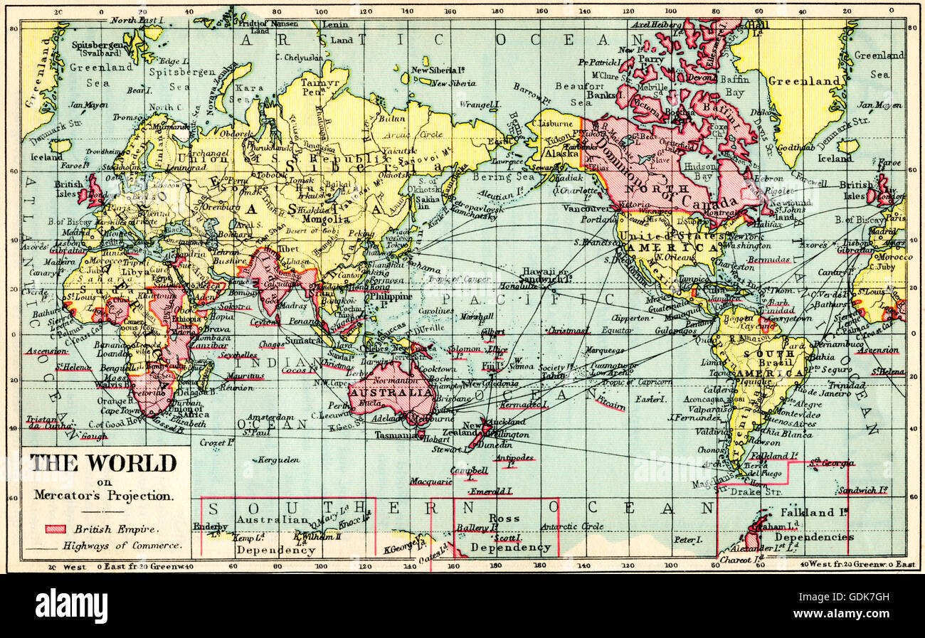 Eine 30er-Karte der Welt auf Mercators-Projektion.  Das britische Empire in rot dargestellt. Stockfoto