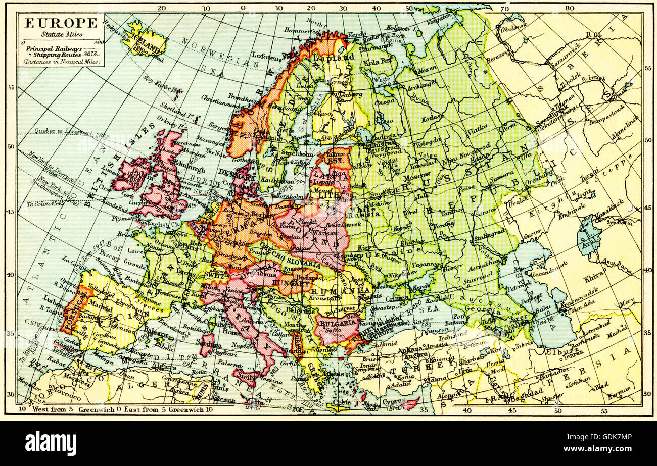 Eine 30er-Karte von Europa. Stockfoto