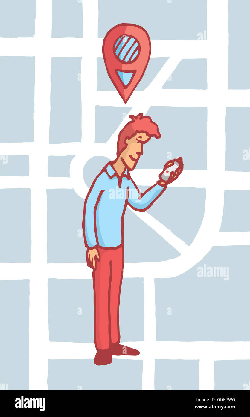 Cartoon-Illustration der Mann auf der Suche nach Karte Anfahrt auf seinem Handy Stockfoto