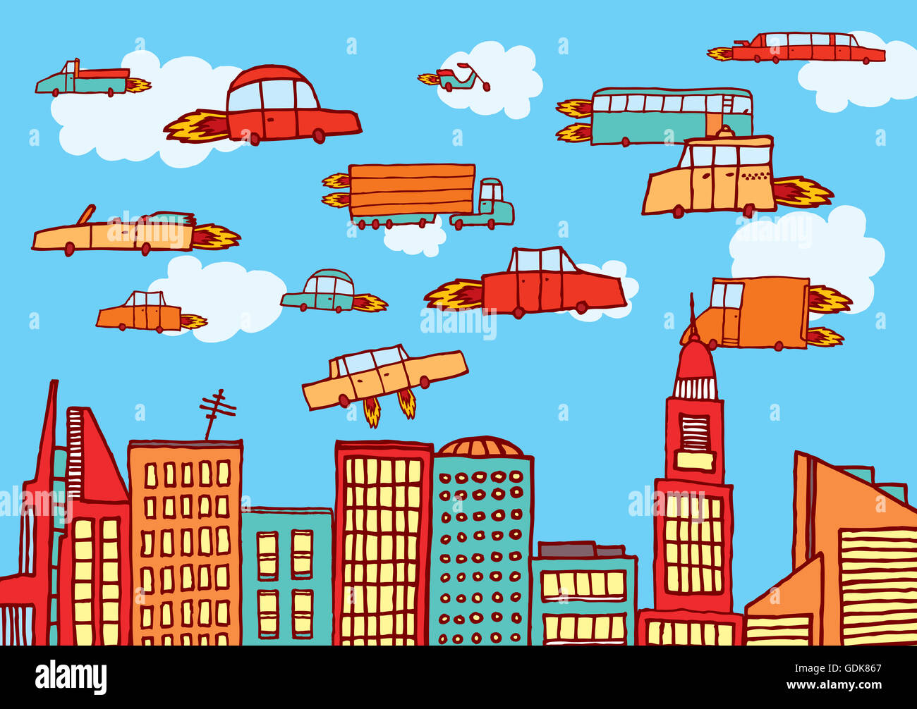 Comic-Illustration der urbanen Zukunft air Transport oder fliegende Autos Stockfoto