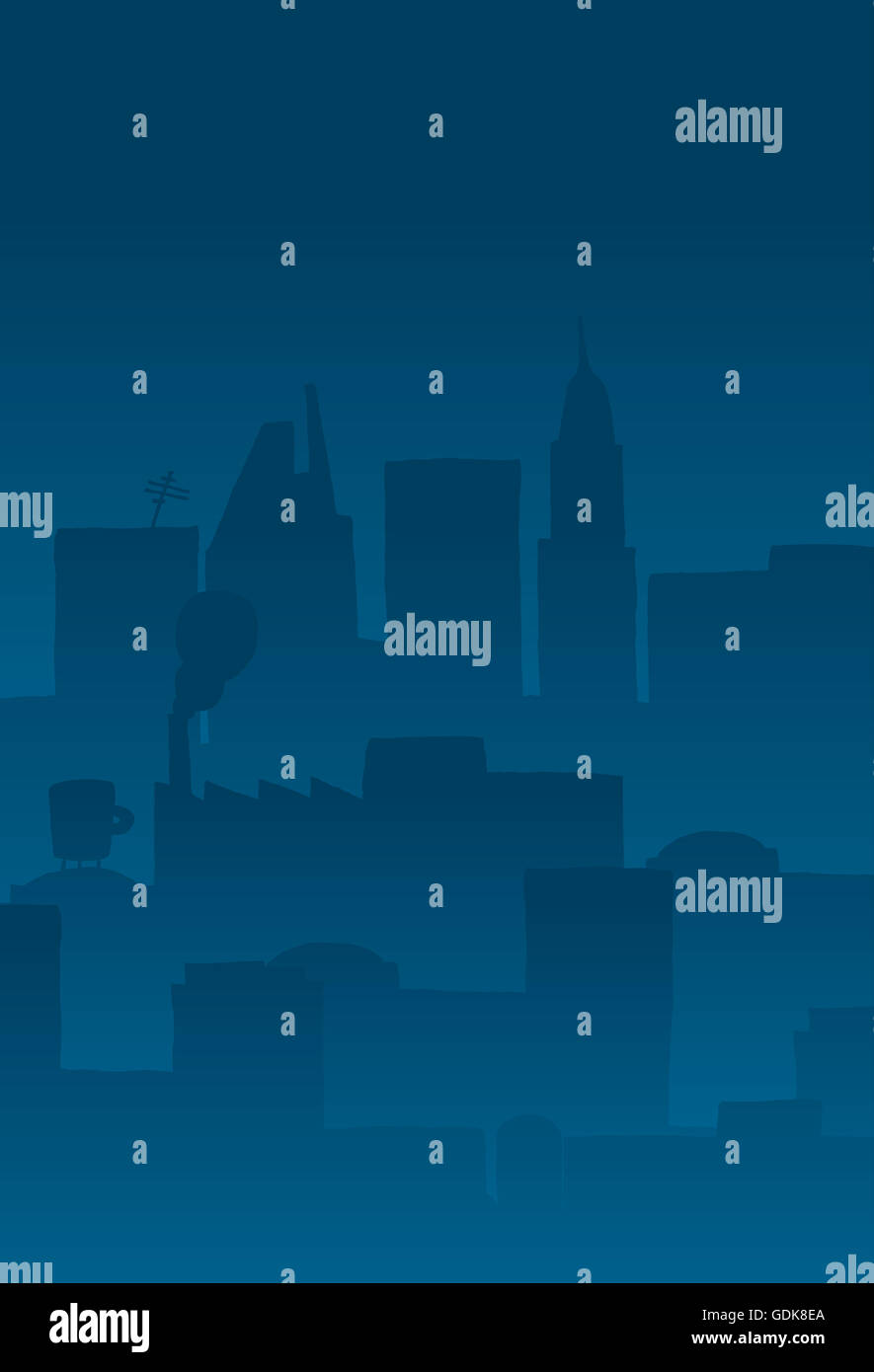 Cartoon Hintergrund Illustration der Gebäude einer Stadt-Skyline bei Nacht Stockfoto