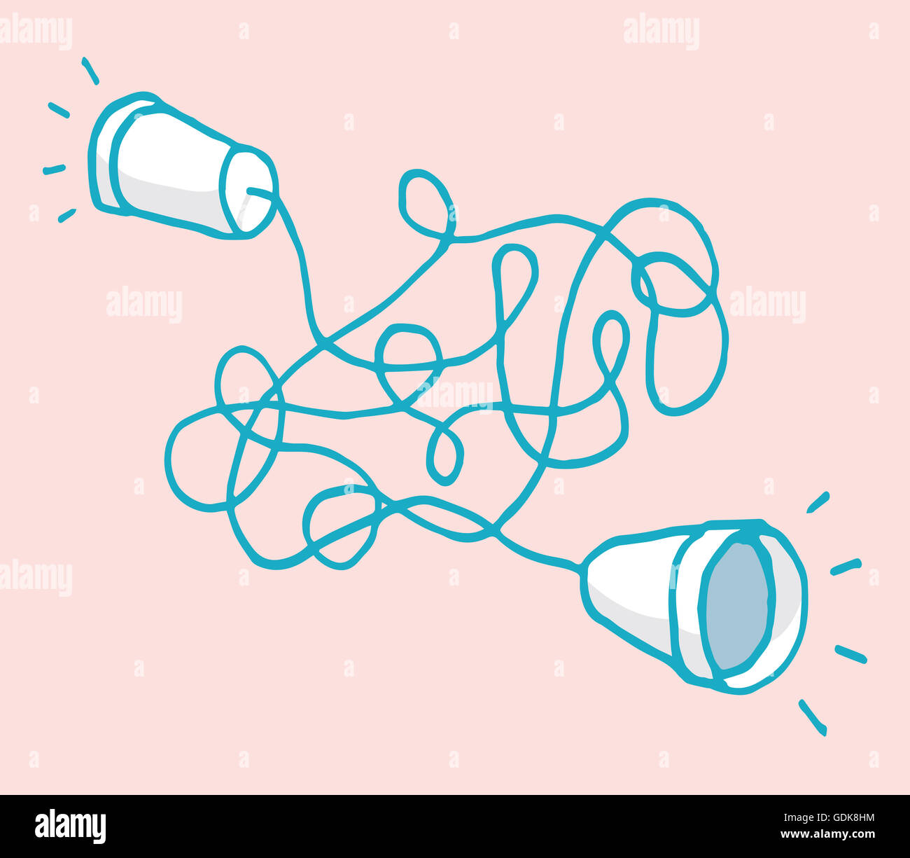 Cartoon-Illustration von zwei Tassen, verbunden durch eine chaotische Zeichenfolge für komplexe Kommunikation Stockfoto