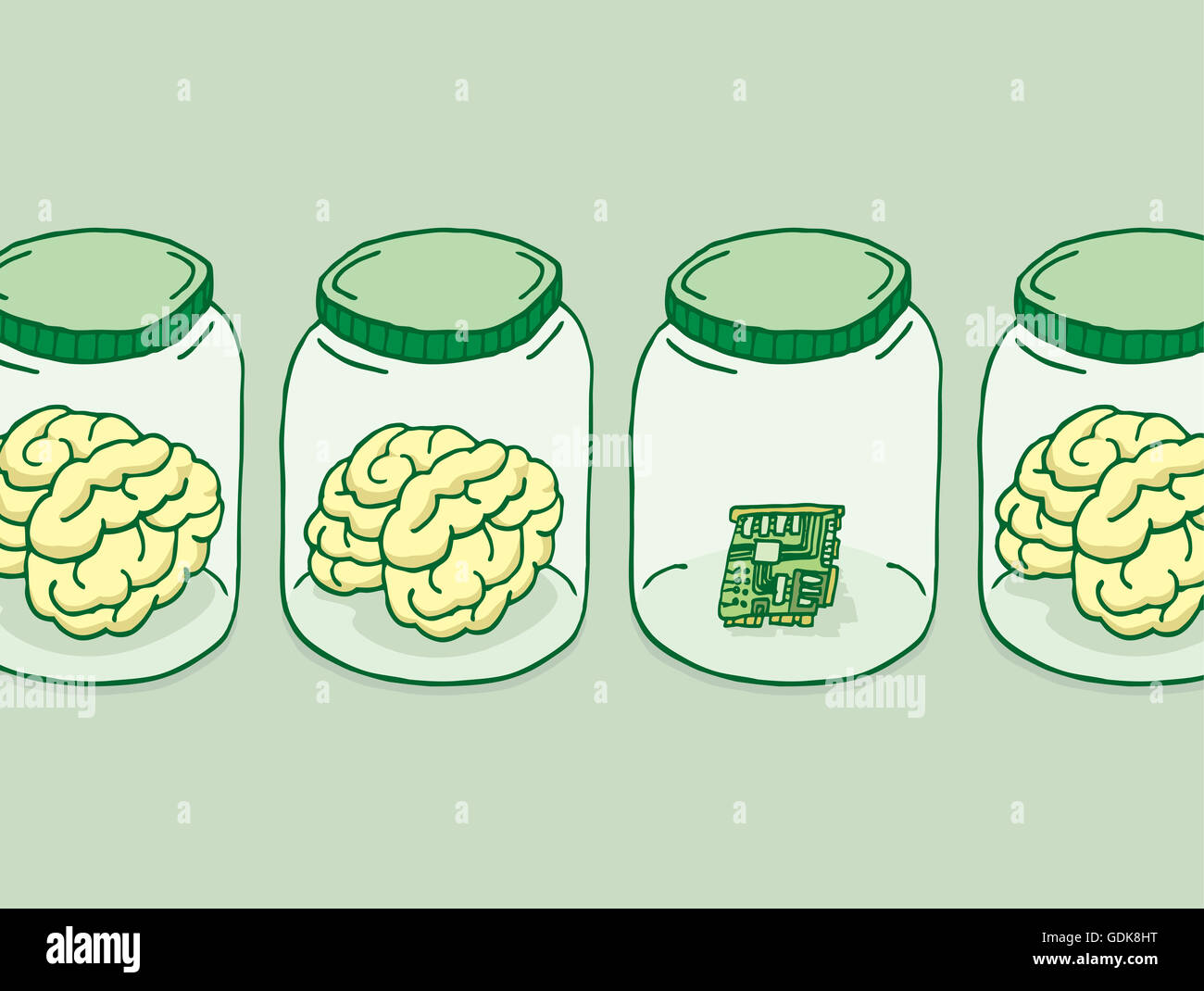 Cartoon-Illustration der künstlichen Intelligenz neben Gehirne in Gläsern Stockfoto